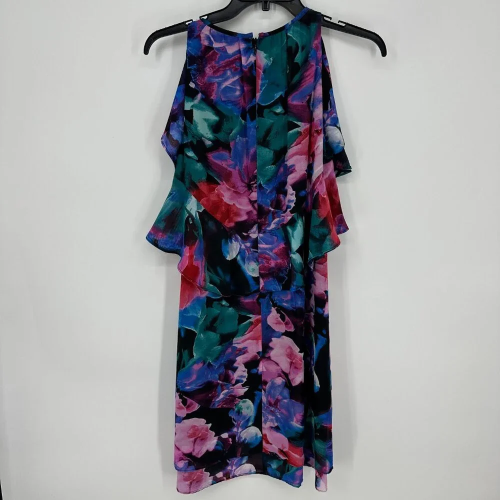 Tahari Abstract‎ Floral Cocktail Dress 4 RuffleTrim Sleeveless Swing Black Pink
